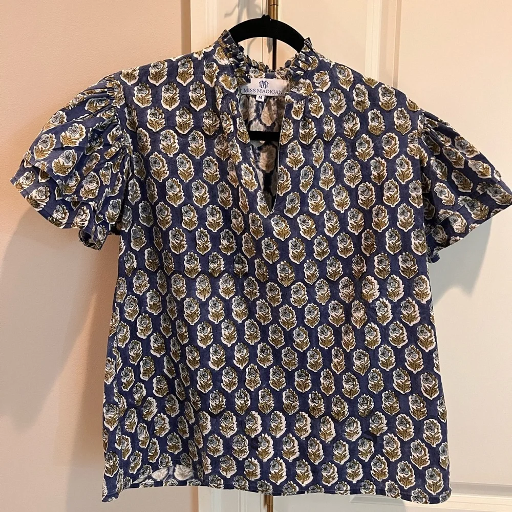 Miss Madison Blockprint Floral Short Sleeve Blouse - Picture 1 of 4